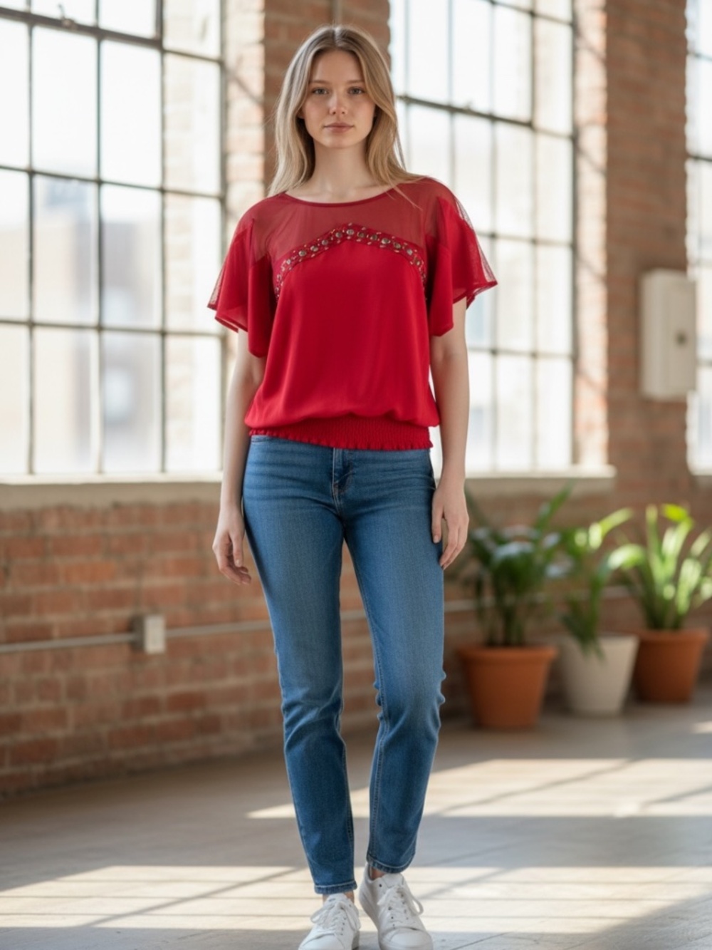 NWT Women's Size Small Dolman Sleeve Sheer Neckline Jeweled Top Blouse